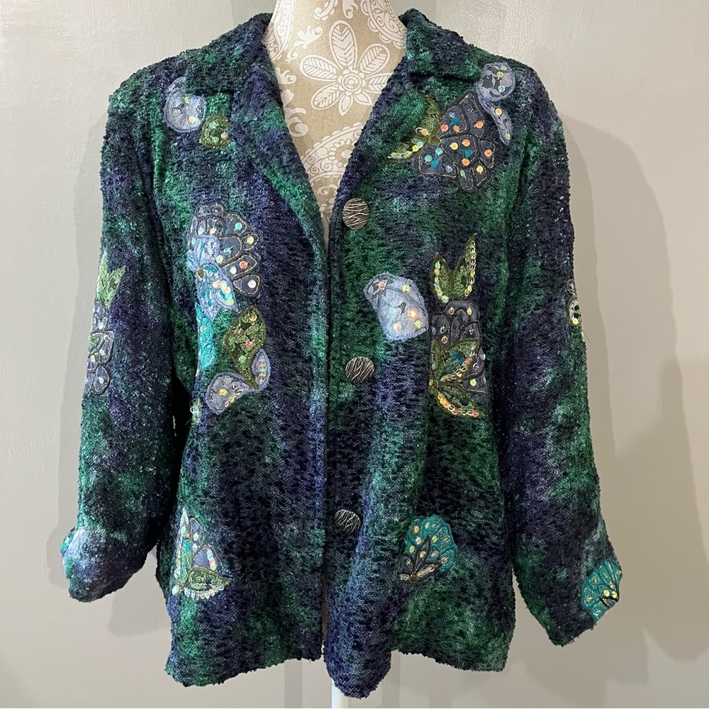Vintage Julia Kin Nubby Texture Jacket Blazer Sequins Appliqué / XL